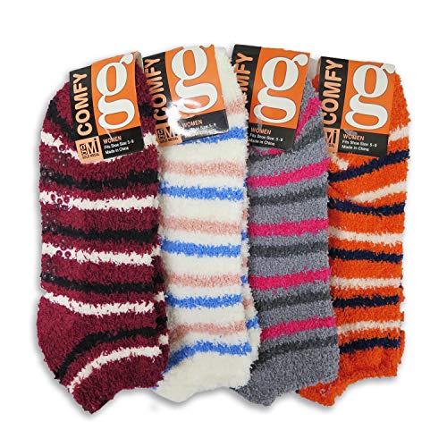 8 Pairs Cozy Fuzzy Winter Women Socks, Gripper Slippers Socks, Fluffy No Show House Socks Lightweight Non Skid Bottoms (Stripe, 8 Pack) Assorted Colors