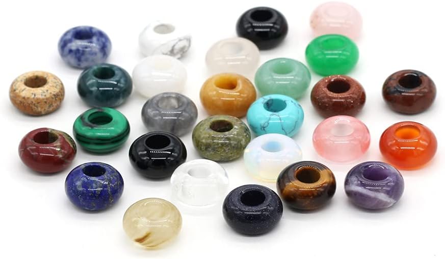 Natural Stone Beads Large Hole (5-6mm) Polished Rondelle European Gemstone Beads for Charm Bracelets Jewelry Making 8X14mm(Pack of 50,Mix)
