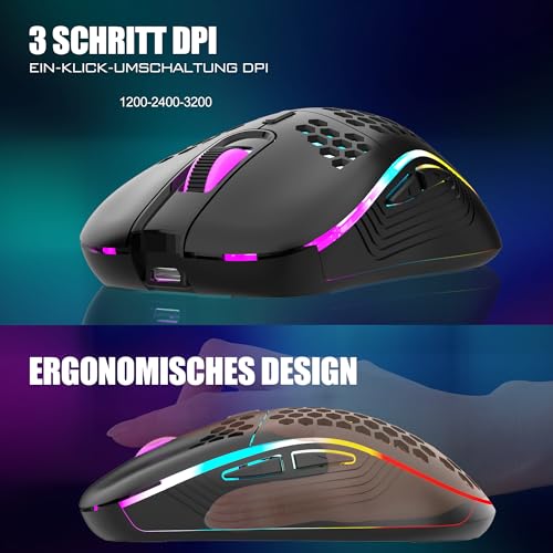 RedThunder 60% Kabelloses RGB Gaming Tastatur und Maus Set, QWERTZ DE Layout, Wiederaufladbare Funktastatur mit Ultraleichte Gaming Maus… – Ansicht 6