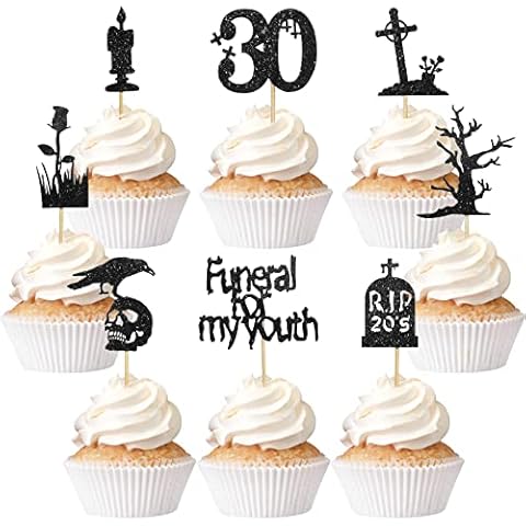 48 Pcs Rip to My 20s Cupcake Toppers Glitter Black Death to My Twenties Birthday Cupcake Toppers 30th Birthday Decorations for Women Men Rip 20s Birthday Decorations for Youth Funeral Party Supplies Cover