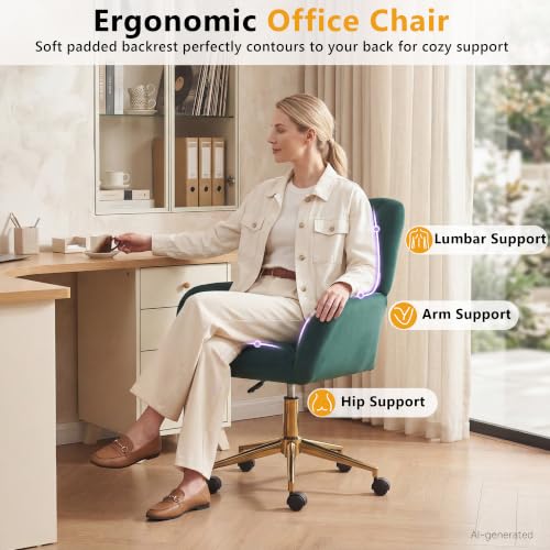 Image of FOXHUNTER Vanity Chair with Ergonomic Back & Wheels, 360 Swivel Accent Chair, Adjustable Height Home Office Chair for Living Room, Bedroom (Velvet, Green)