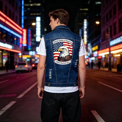Image of Idopy Men`s American Flag Retro Ripped Denim Jeans Vest Sleeveless Jacket