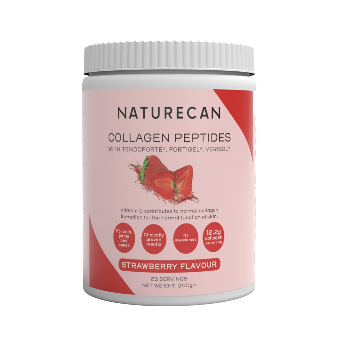 NATURECAN Peptydy kolagenowe, z witaminą C, cynkiem i miedzią, 12,5 g kolagenu na porcję, łatwo rozpuszczalne, wyprodukowano w Niemczech (600 g, Truskawka)
