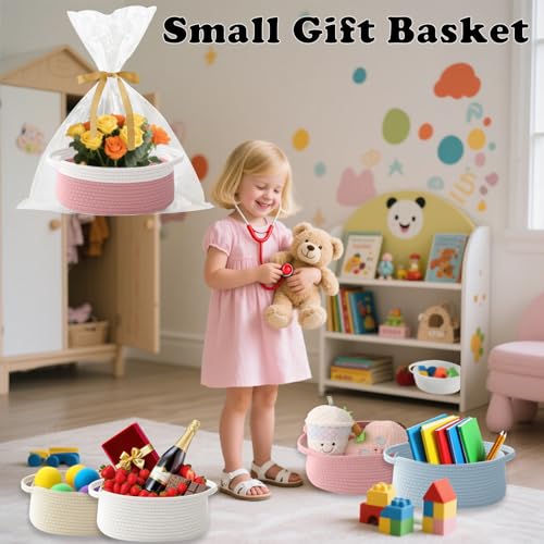 Image of Woven Rope Basket - Baby Gift Basket with Bag & Ribbon, White&Pink