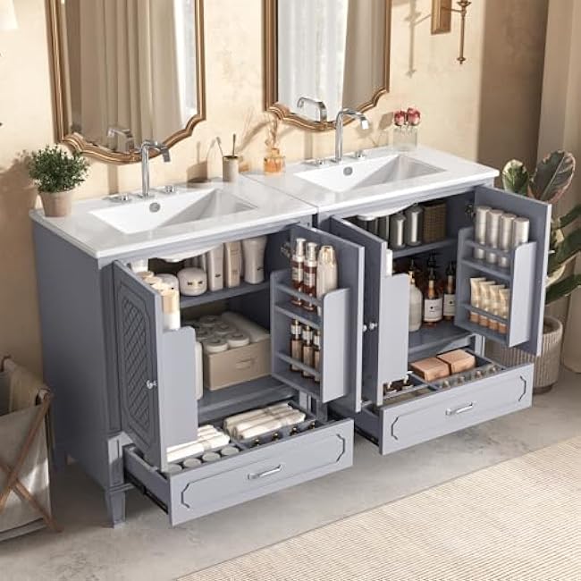 60.2 Farmhouse Bathroom Vanity with Double Ceramic Sink, 2 Pcs Floor Standing Single Basin Vanity Set, Wood Bathroom Cabinet with 2 Drawer 4 Soft Closing Doors, Grey