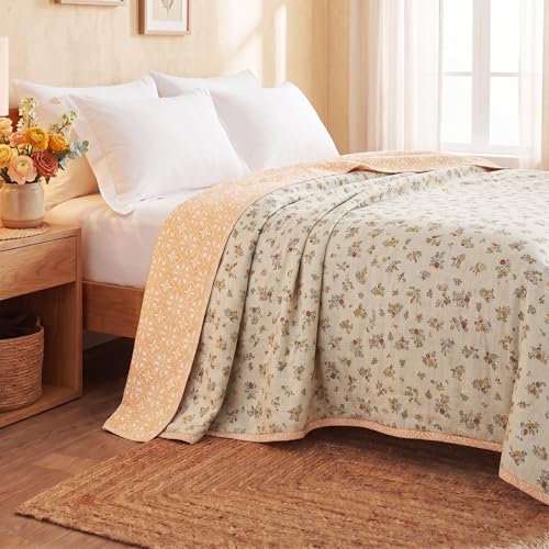 Image of HOMEKART Luxury Cotton Dohar Blanket for Double Bed | Ultra Soft Reversible AC Quilt | Floral Printed Lightweight Summer Blanket | 88x85 Inches (Mustard Blossom)