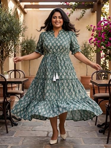 Image of Indietoga Women's Floral Printed Pure Cotton Tiered Maxi Dress (XL to 7XL)