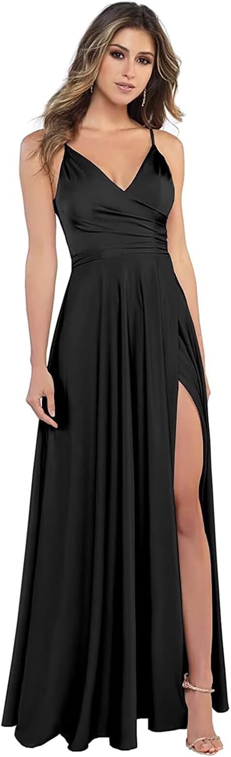 Lindo Noiva Satin Bridesmaid Dresses for Women Spaghetti Strap A-Line V-Neck Formal Evening Gowns with Slit LNL054