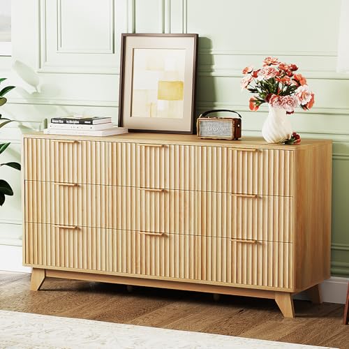 VINGLI Fluted 9 Drawer Dresser for Bedroom, Wood Dresser with Rounded Edges, 57" Long Dressers Oak, Natural Wood Color, 57" W*15.75" D*29.92" H