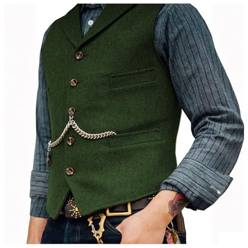 Chaleco tradicional para hombre, corte ajustado, chaleco blazerweste puro color clásico Slim Fit Hochzeitsweste Vintage Businessweste Umlegekragen Herren Chalecos con botones, verde, L