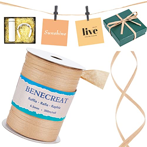 BENECREAT 300m/328 Yards 6.5mm Width Raffia Yarn Raffia Paper Craft Ribbon Packing Twine for Festival DIY Decoration and Weaving Tan