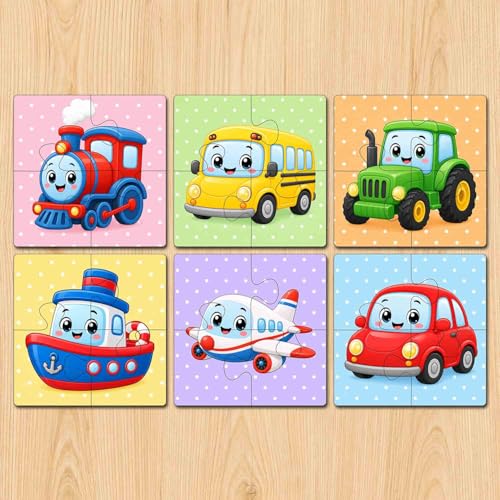 Image of Wooden Jigsaw Puzzle Set of 6 for Kids Age 2-6 Years | Pack of 6 Puzzles with 4 Pieces Each | Toddler Learning Educational Toy | Mixed Themes Puzzle for Boys & Girls (Vehicle)
