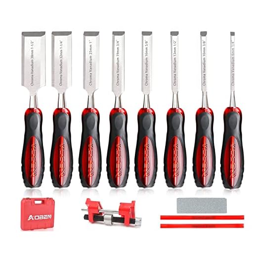 AOBEN 12 pc Wood Chisel Set Premium Wood Carving Chisels Sturdy Heat-Treated Cr-V Alloy Blades Woodworking Tools with 8 Full Tang Wood Chisels Tools,Honing Guide,Sharpening Stone,2 Carpenter Pencils