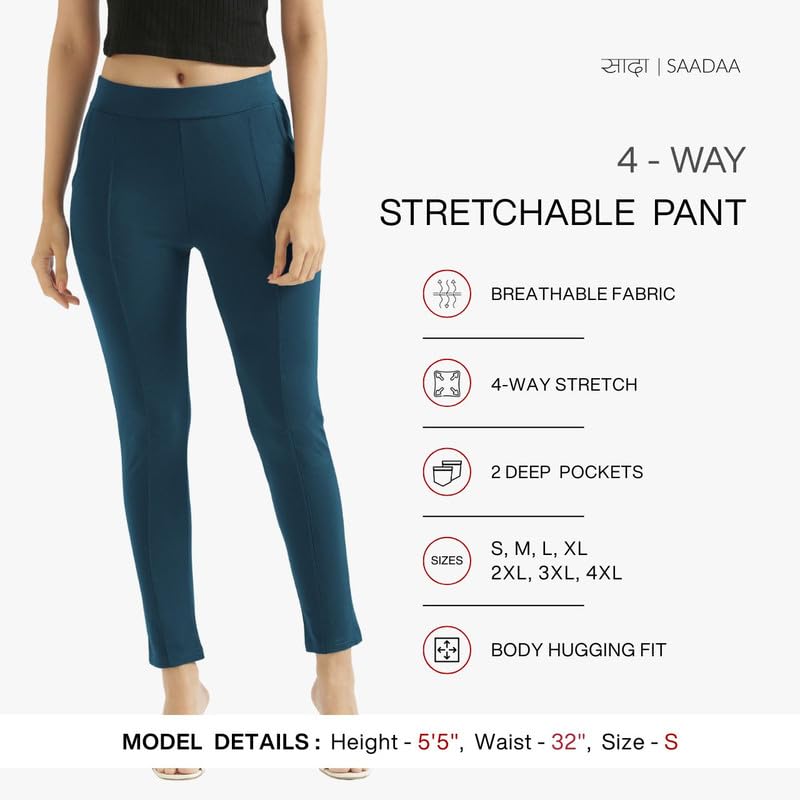 Image of SAADAA Women's Regular Fit High Rise 4-Way Stretchable Pants Yoga, Formal, and Regular Skinny High Waist Leggings 2 Deep Pockets Elastic Waistband Durable Interlock Stitching