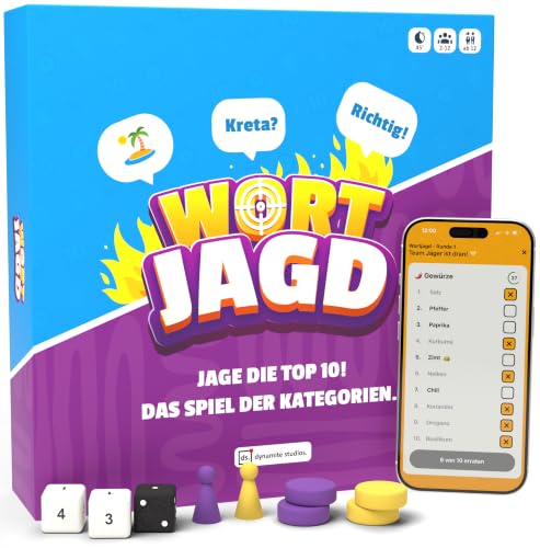 Wortjagd - Jage die Top 10 Kategorien Duell - Allgemeinwissen Quiz für Freunde & Familie Brettspiel mit App für 2-12 Spieler Partyspiel mit Tempo