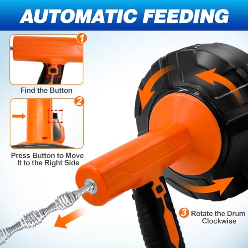 Image of Drain Auger 33Ft, Auto-Feed Drain Clog Remover Plumbing Snake Drain Tools