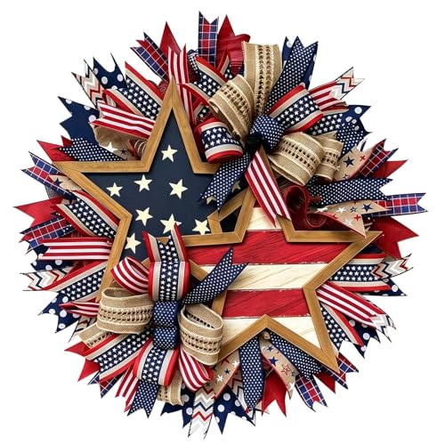 Patriotic Flower Wreath 4th of July Wreath Anniversary Decorations Handcrafted American Independence Day Memorial Day Flag Day Indoor Outdoor Decor (A)