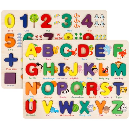 Image of Attmu Wooden Puzzles for Toddlers, 2 Pcs Alphabet Puzzle ABC Shape Number Puzzle Patterns, Learning Toys for Kids, Preschool Educational Activities Toddler Gift Toys for Girls Boys Christmas Easter