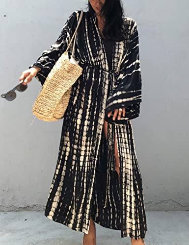 Image of Bsubseach Stylish Tie Dye Open Front Long Kimono Swimsuit Coverup for Women