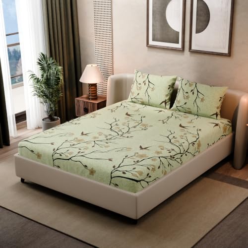 Image of BLISSHOME SoftTouch 140TC Cotton King Size Fitted Bedsheet with 2 Pillow Covers, Silky Smooth Bedding Set, Breathable, Easy Maintain, Floral Print - Yellow (182cm x 198cm x 25cm Drop)