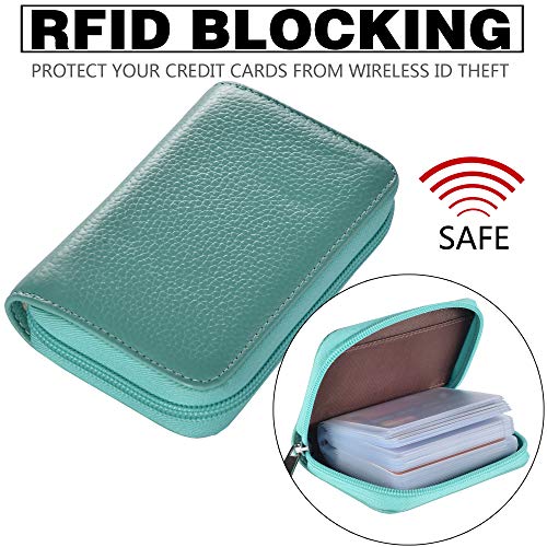 Image of Easyoulife Genuine Leather Credit Card Holder Zipper Wallet with 26 Card Slots (Teal)