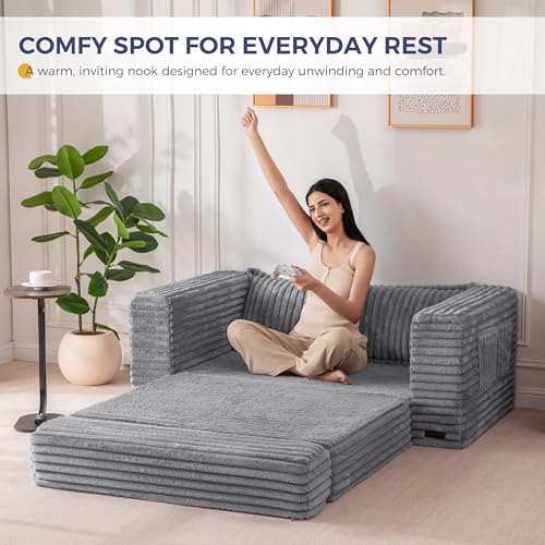 Image of MAXYOYO Convertible Sofa Bed, 2 in 1 Folding Couch Bed for Small Space, Pull Out Loveseat Sofa Couch with Large Back Pillow, Plush Faux Fabric Lounge Couch for Living Room, Apartment, Grey
