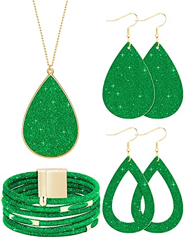 Hicarer 4 Pcs Jewelry Sets for Women Glitter Necklace and Earring Set Multi Layer Bracelet Costume Jewelry Sets for Bridal Shower Wedding(Green)