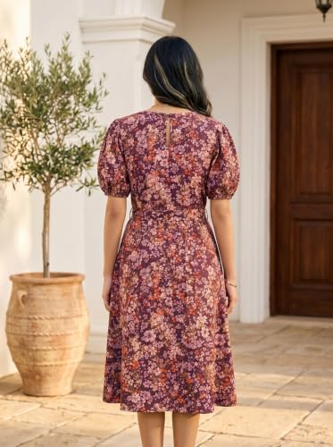 Image of HELLCAT Women Floral Fit & Flare Midi Dress | Round Neck, Puff Short Sleeve, Waist Tie-Up Belt | Casual Brunch Wear, Western One Piece, A-Line Long Frock, Summer Party Outfit