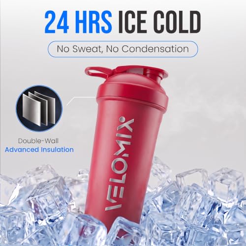 Image of VELOMIX 24oz Stainless Steel Shaker Bottle with Wire Whisk (Red) | Wire Whisk Included, Leak Proof, No Clumps, Insulated, For Protein Shakes and Smoothies, Odor and Stain Resistant
