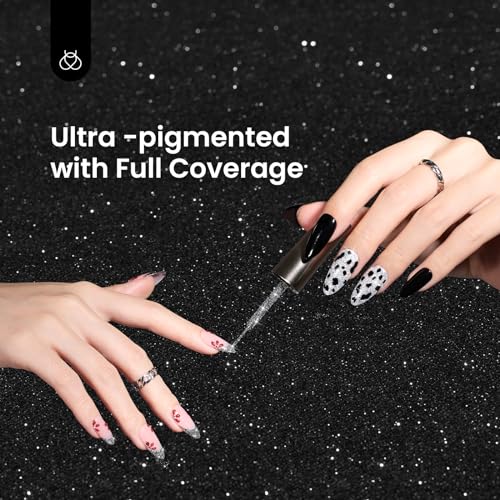 Image of Beetles Reflective Glitter Gel Polish, 2 Pcs Liner Gel Nail Polish Set Black Silver Nail Art Glitter Soak off Uv Lamp Manicure Diamond Shinning Liner Nails Art Design Gifts for Women