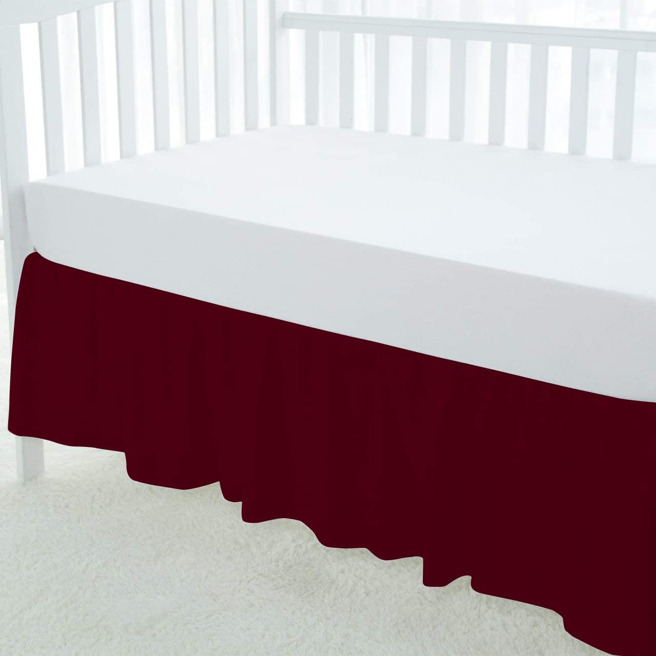 Dust Ruffle Crib Skirt, 100% Egyptian Cotton 800 Thread Count, Mini Crib Size (24" x 38"+10") Inch Drop Toddler Bed Skirt for Baby Boys or Girls - Burgundy Solid