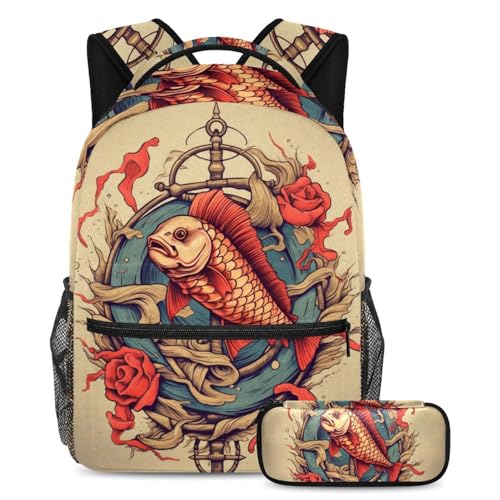Cartable carpe rouge vintage grand sac anti-désordre avec trousse pour lycée et voyage