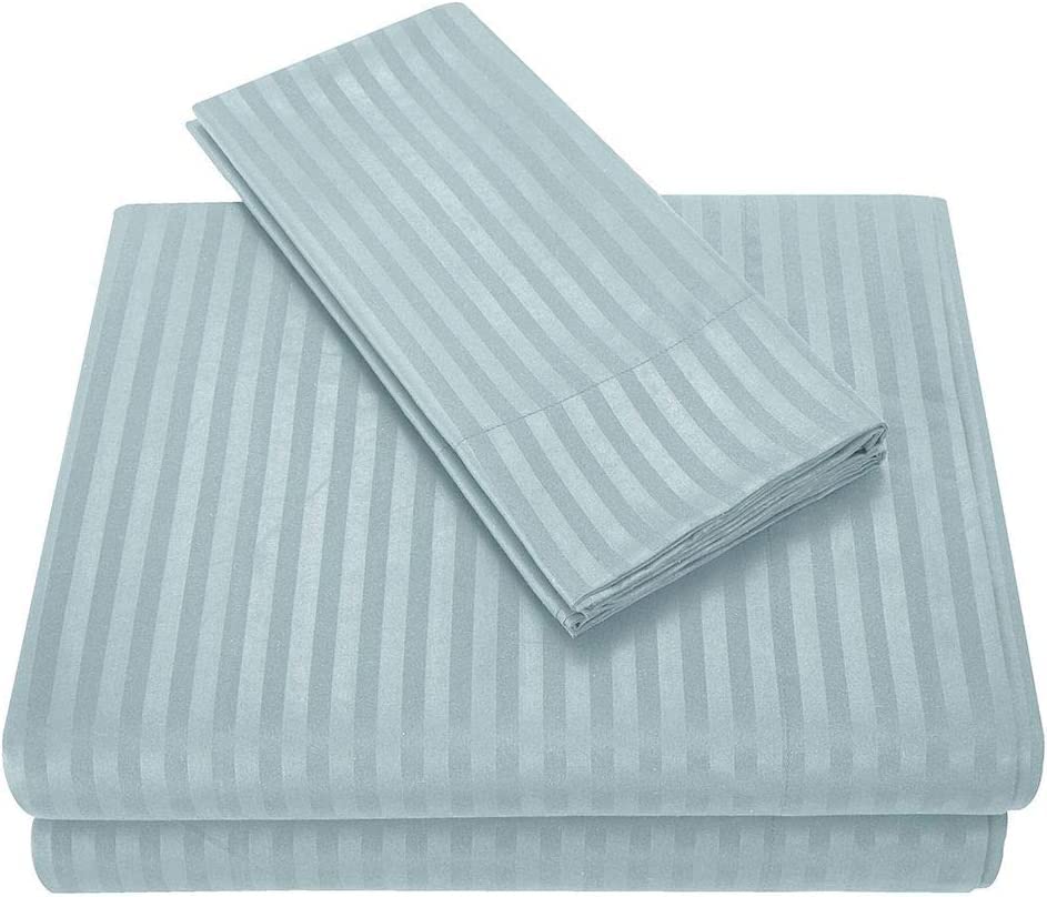 Custom Silk Luxury 7 Piece Bed Sheet Set, Extra Soft 800 Thread Count & 100% Long Staple Egyptian Cotton, 26cm Deep Fitted Sheet & Zipper Duvet Cover Bedding - Light Blue Stripe, UK Caesar Size. โ image 1