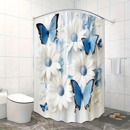 HNBFKD Elegante Cortina de Ducha con Mariposas y Margaritas Azules, Hermosa decoración para baño, Tela de poliéster, mampara para bañera. 70x140cm/(WxH)