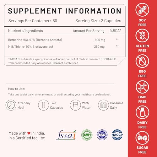 Image of Nutrabud Berberine 500mg with Milk Thistle Supplement - Berberis Aristata Berberine HCL 97% - 60 Veg Capsules (60 Count (Pack of 1))
