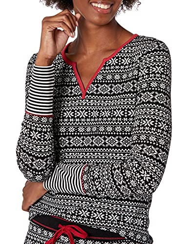 Amazon Brand - Mae Women's Vintage Thermal Henley Long Sleeve Top with Jogger, black fair isle, MEDIUM - Image 4