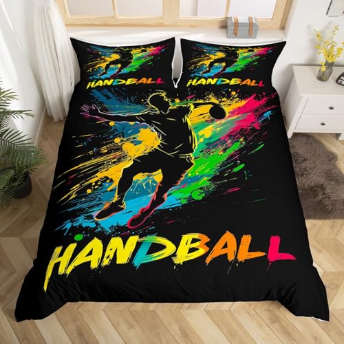 Homewish Handball Bettwäsche Set 135x200 Regenbogenkugel Bettbezug für Jungen Teenager Männer Tinte Splash Graffiti Sport Schwarz Rot Tealblau Tröster Abdeckung Warm Weich Bett Set