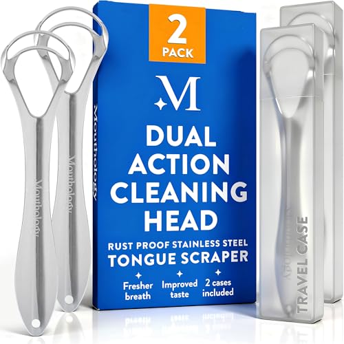 Mouthology Tongue Scraper for Adults (2 Pack), Reduce Bad Breath, Metal Tongue Scraper, Tongue Cleaner, Tongue Scraper, Stainless Steel Tongue Scraper, Tongue Cleaner for Adults, Tongue Scrubber