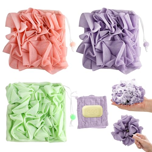 3 PCS Soap Bar Loofah That Holds Bar Soap-Exfoliation Mesh Shower Ball,2 in 3 Bath Loofah Sponge with Drawstring (Purple, Green, Pink)