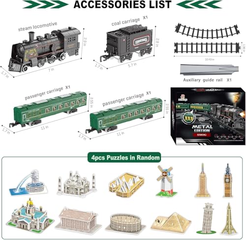 Image of Electric Train Sets for Boys Girls Metal Alloy Christmas Trains Toys Steam Locomotive, Passenger Carriages, Tracks, Light & Sounds Rechargeable Birthday Gifts for Kids 3 4 5 6 7 8 + Years Old Green 