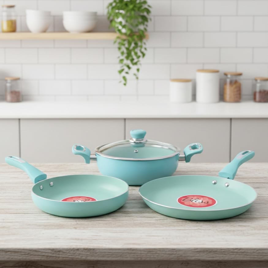 The Better Home Non Stick Cookware Set (Tawa - 26cm, Fry Pan - 24cm, Kadai with Lid - 24cm) | Non Stick Pan Set | Induction Cookware | Cookware Set Combo | 2.8mm Thickness (Blue)-image-8