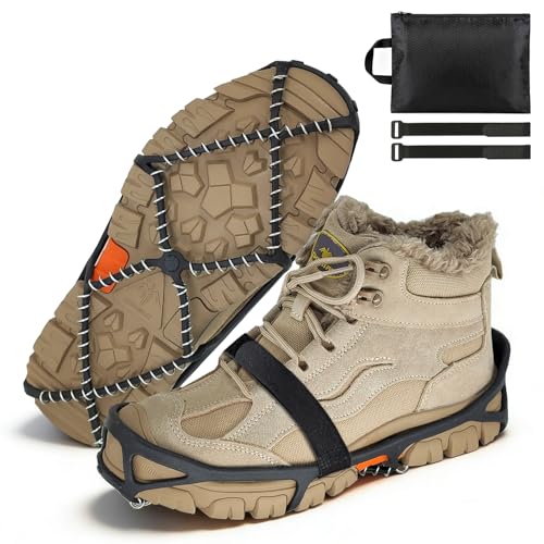 MATTISAM Ice Cleats for Walking on Ice Snow Grips Crampons Traction for Shoes Boots, Anti-Slip Portable Flexible Footwear for Climbing Hiking Fishing Outdoor Running with Storage Bag and 2 Straps