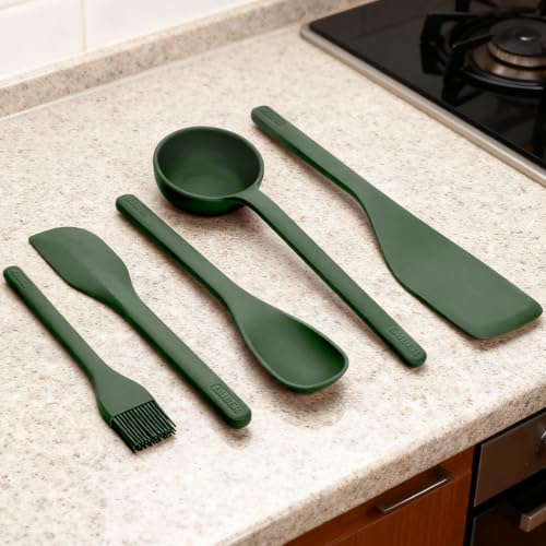 Image of Ember Cookware Silicone Kitchen Tool Set of 5 - Ladle, Brush, Flip, Stir & Scraper | 230C Heat Resistant | Platinum Grade Silicone- Food Safe | Non Scratch Seamless Unibody Design | Green