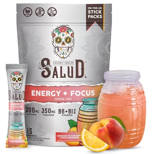Image of Salud 2-in-1 Energy Drink Powder + Focus, Peach Lemonade, Organic Caffeine, B6 + B12, Theanine, Clean Energy Drink Packets, Agua Fresca Mix, Non-GMO, Gluten Free, Vegan, 1g of Sugar, (15 Servings)