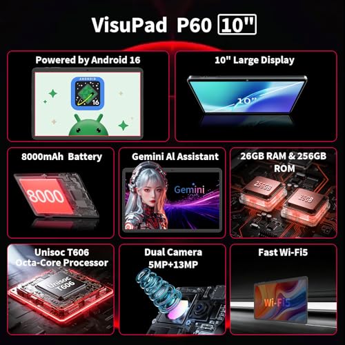 Image of Android tablet, 2026 10 inch Android 16 tablet with keyboard, 26GB+256GB+2TB Expand, AI Tablet with Gemini, 8-Core, 8000mAh, 5G WiFi, GPS, GMS, Electronics Tablets with Case /Mouse /Stylus(Black Case)