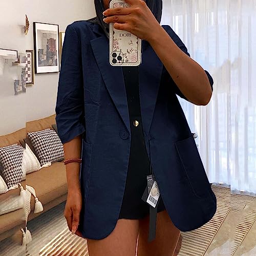 Linen Blazers for Women Summer Lightweight 3/4 Sleeve Jacket Dressy Open Front Cardigan Business Casual Work Outfits4