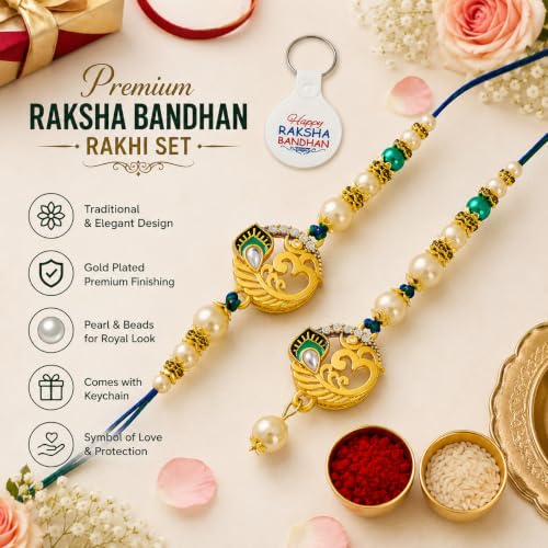 Image of Riddhika Ventures Elegant Traditional Gold Plated Bhaiya Bhabhi Rakhi Set with Roli Chawal and Greeting Card || Traditional Rakhi Set of 2 & Festive Gift