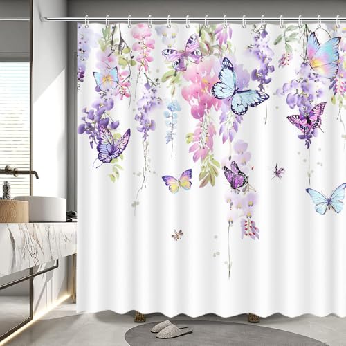 MEHOFOND Purple Butterfly Shower Curtain Spring Watercolor Butterfly Flower Shower Curtains for Bathroom Nature Garden Plant Bathroom Decor Fabric Waterproof Shower Curtain with 12 Hooks 72x72 Inch