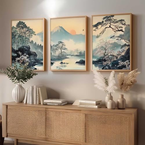 Image of kotart Japanese Nature Art View Framed Poster | Big Aesthetic Mountain View Art Wall Framed Posters for Living Room Bedroom Wall Decor Set Of 3 (13X17 inch)