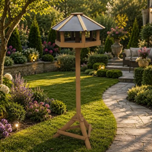 Gr8 Garden Deluxe Wooden Hexagonal Bird Feeding Station Table Stand for Outdoor Garden Wild Birds with Roof Treated Fir Wood Construction Stable 3 Leg Base Bird Feeder Table for Patio Lawn Backyard